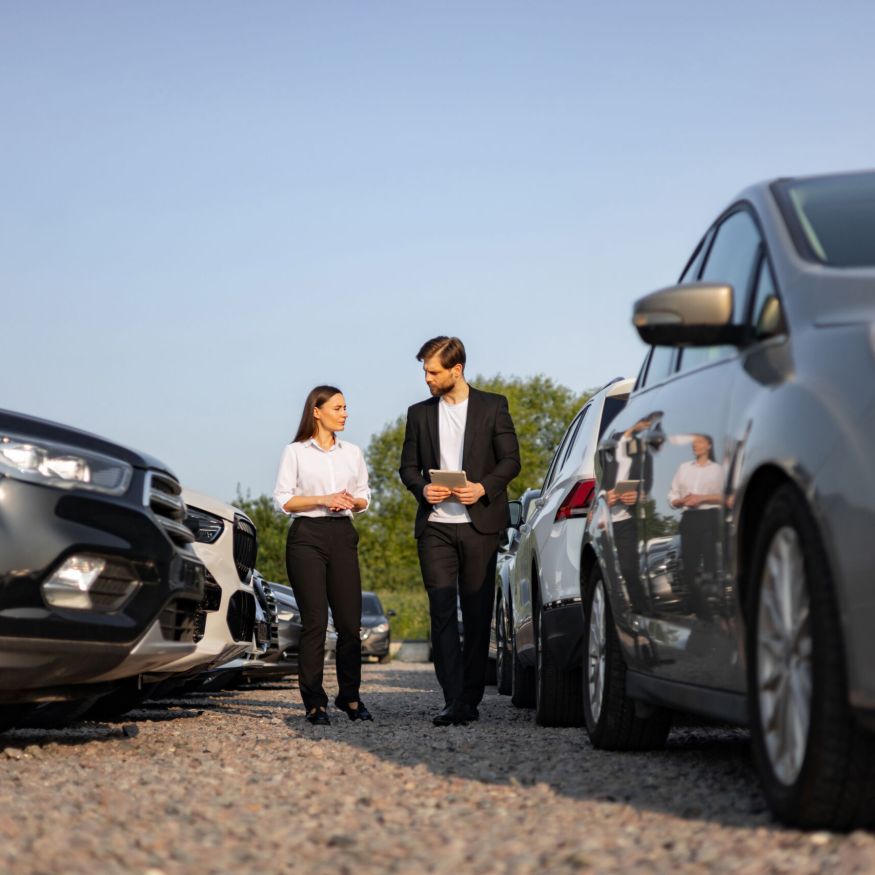 A male car dealer shows a car to a woman in a car dealership.